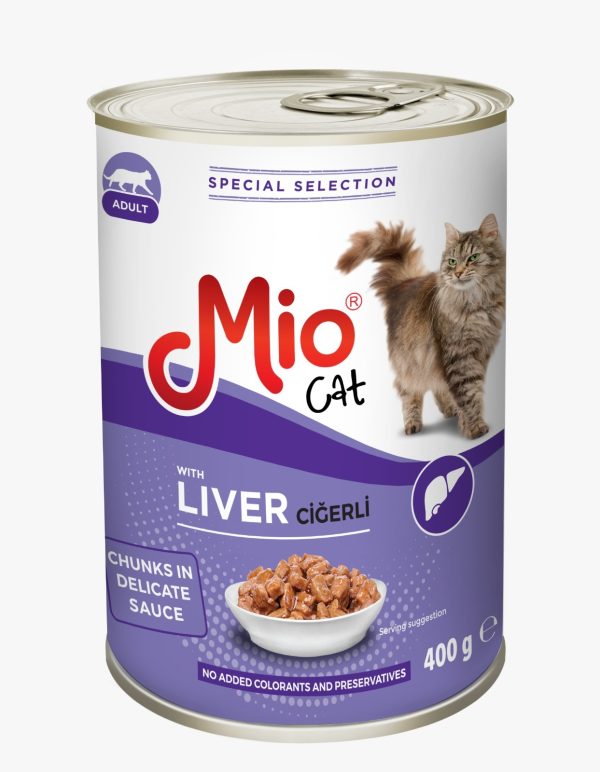 conserva Mio 400 g hrana umeda premium completa pisici adulte carne bucati de ficat