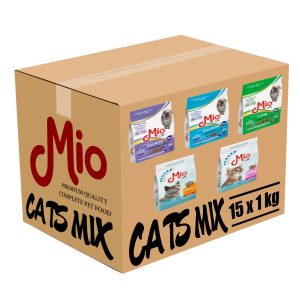 Mio Cats MIX Hrana uscata pisici adulte, sterilizate, kitten, Premium, cu miel vitel si orez, Cutie 15 x 1 Kg